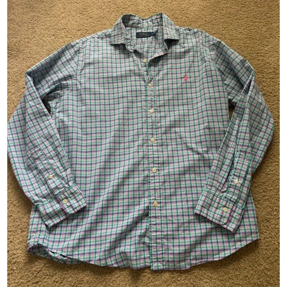Polo Ralph Lauren Shirt Mens Medium Green Blue Pink Plaid Button Down Large